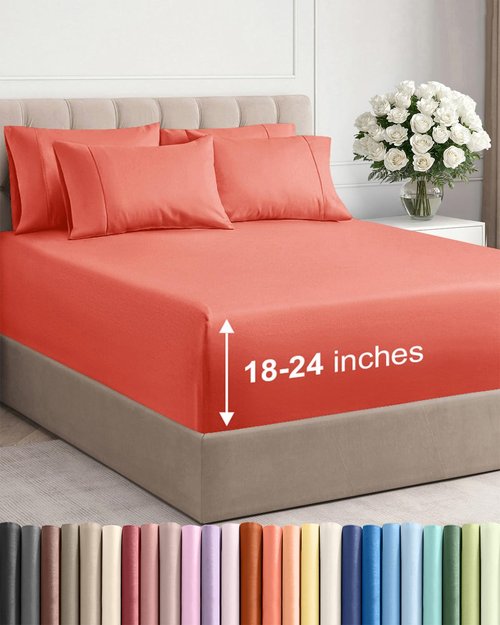 Extra Deep Full Sheet Set - 6 Piece Breathable and Cooling Sheets - Hotel Luxury Bedding for Women, Men, Kids & Teens - Easy & Secure Fit - Soft, Wrinkle Free and Comfy - Extra Deep Pockets - Coral