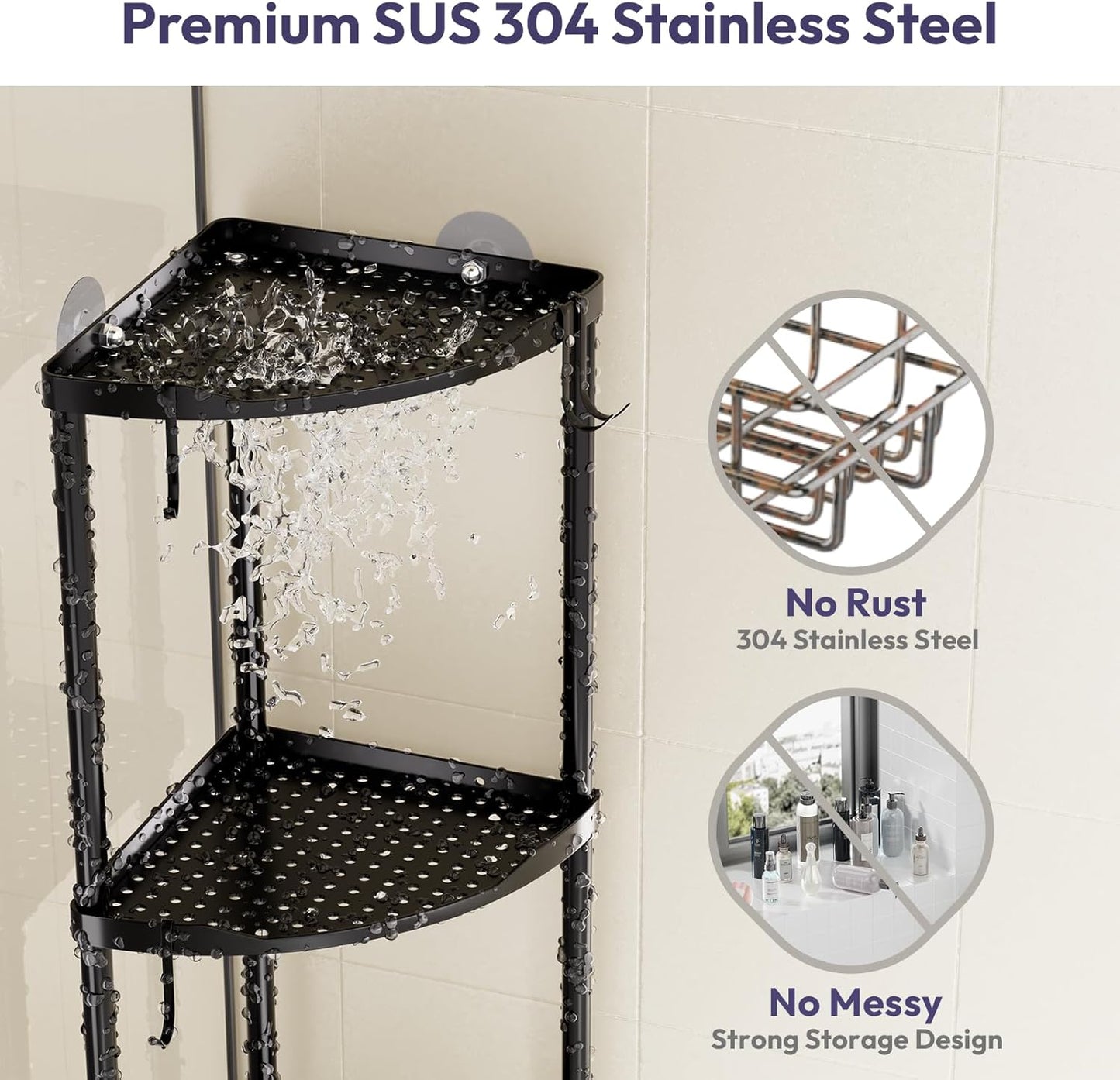 SWTYMIKI Corner Shower Caddy - 3-Tier Stainless Steel Organizer Stand with 4 Hooks | Rustproof Black Finish