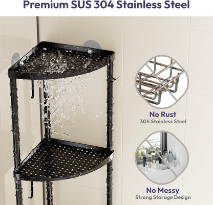 SWTYMIKI Corner Shower Caddy - 3-Tier Stainless Steel Organizer Stand with 4 Hooks | Rustproof Black Finish