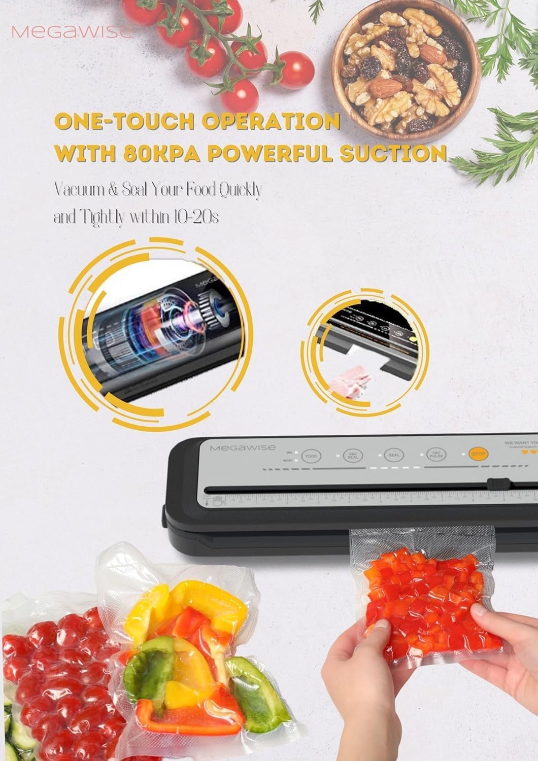 MEGAWISE Vacuum Sealer Machine 2025 - Powerful One-Touch Design | Seals in 10-20 Seconds | Includes 10 Bags & Cutter