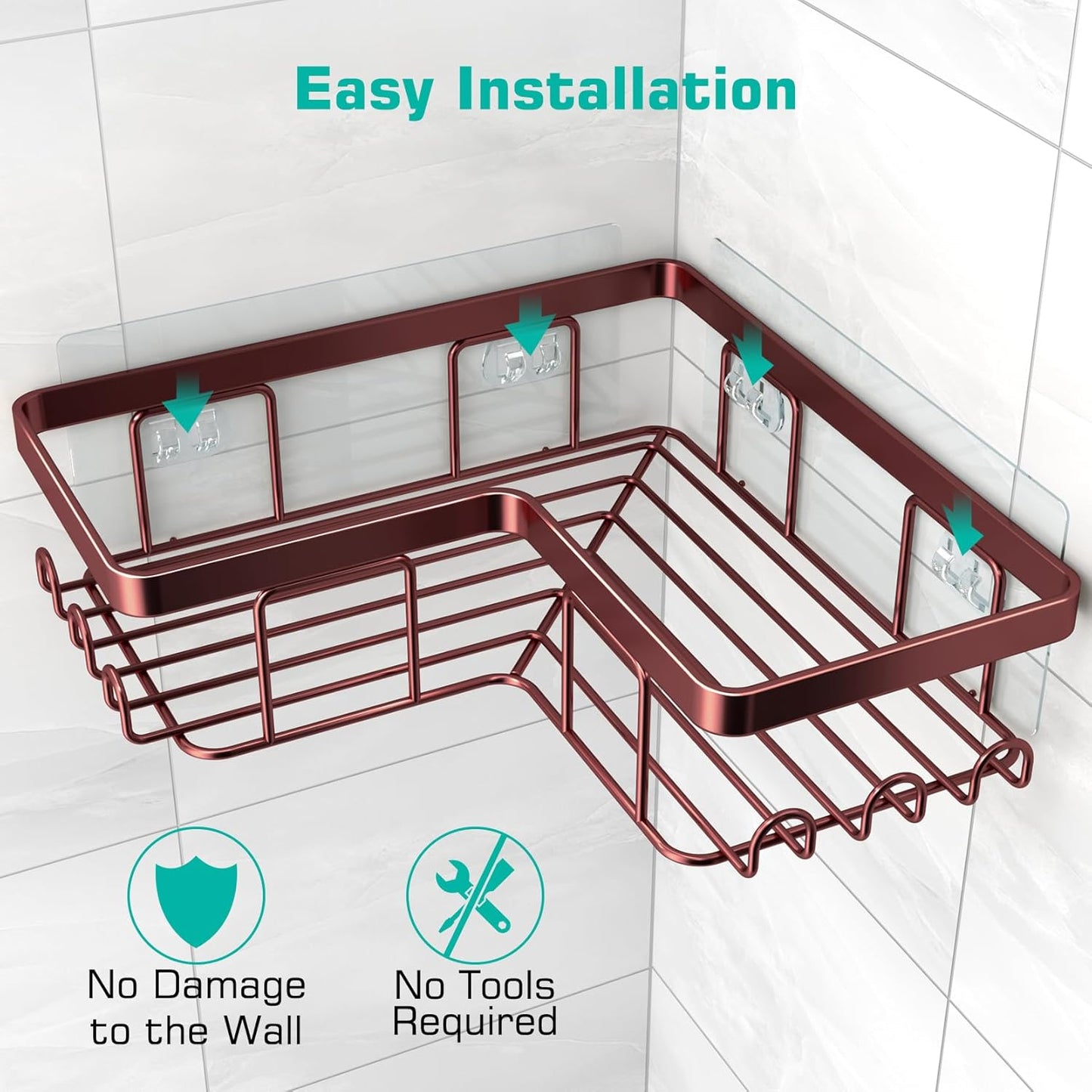 YASONIC Corner Shower Caddy - 3-Pack Adhesive Organizer with Soap Holder & 12 Hooks | Rustproof Stainless Steel, Bronze