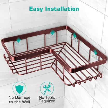YASONIC Corner Shower Caddy - 3-Pack Adhesive Organizer with Soap Holder & 12 Hooks | Rustproof Stainless Steel, Bronze