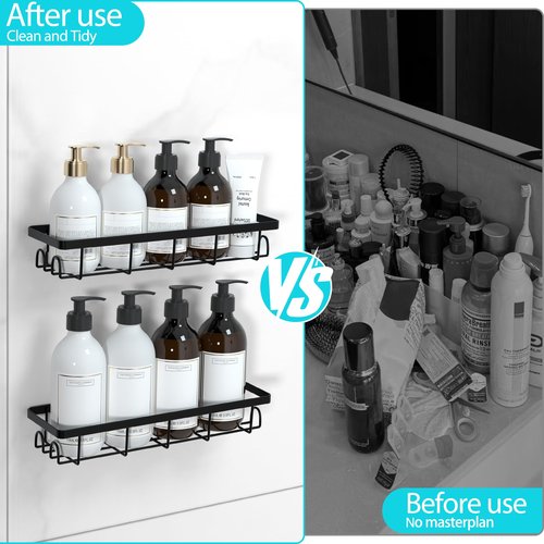 Uninol Shower Caddy Organizer with Hooks,Self Adhesive Bathroom Shelves,No Drilling Bathroom Organizers and Storage,Perfect for RV, Apartment, Home Decor,2 Pack Black