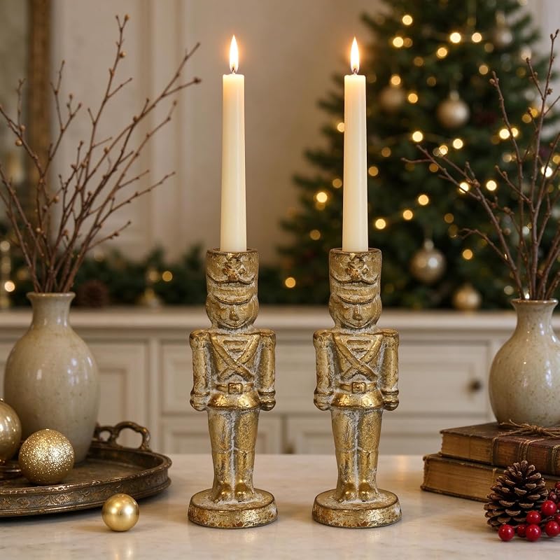 Set of 2 Gold Nutcracker Candle Holders - Handcrafted Iron Christmas Decor (Variation: Gold Nutcracker)