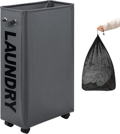 DOKEHOM 29-Inch Slim Laundry Basket - Collapsible Rolling Hamper with Removable Wash Bag | Dark Grey