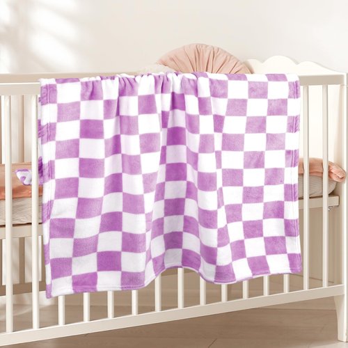 GreatBba Plush Checkered Baby Blanket for Boys Girls Nursery, 30"*40" Warm Short Fleece Blanket Neutral for Infant Newborn, Small Fuzzy for Sleeping, Chenille or Stroller (Purple&White)