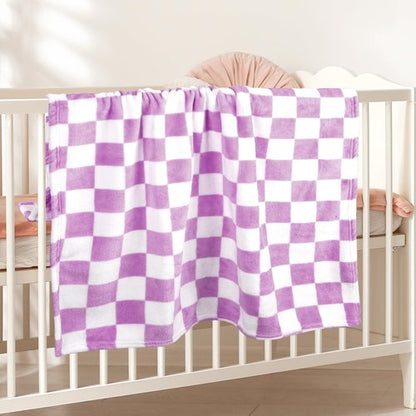 GreatBba Plush Checkered Baby Blanket for Boys Girls Nursery, 30"*40" Warm Short Fleece Blanket Neutral for Infant Newborn, Small Fuzzy for Sleeping, Chenille or Stroller (Purple&White)