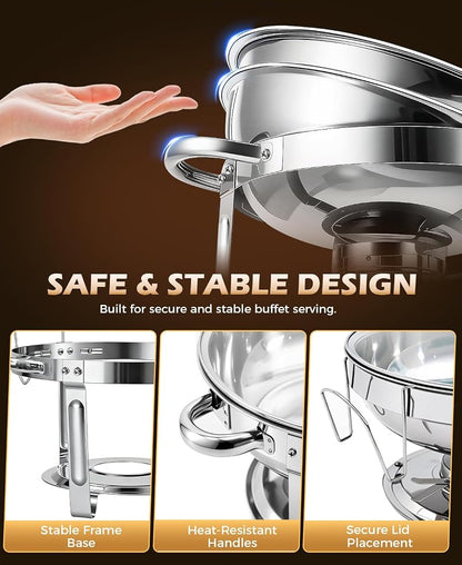 4 Pack 5Qt Round Stainless Steel Chafing Dishes Buffet Warmer Set - Food Warmers for Parties, Home & Catering