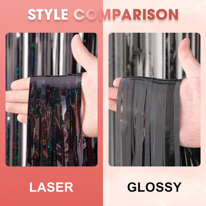 Voircoloria Laser Black Foil Fringe Backdrop Curtains - 3 Pack 3.3 x 8.2 ft Tinsel Streamers for Parties