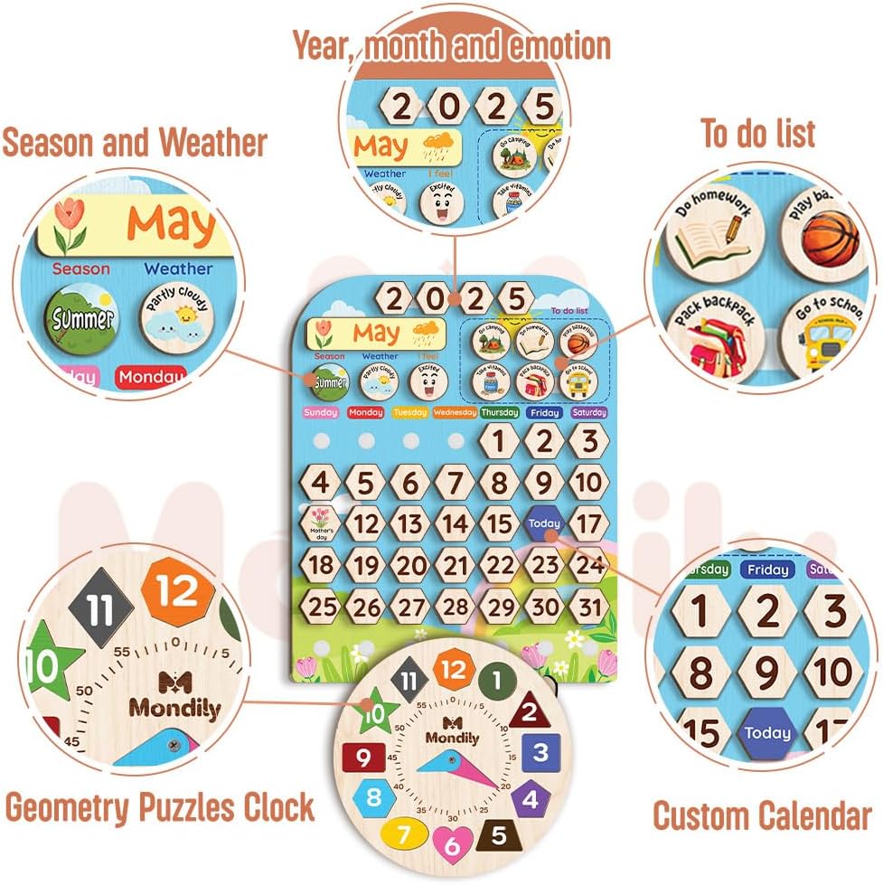 Skiennix Interactive Wooden Calendar for Kids Ages 3+ | Teach Seasons & Days | 12 x 15 Inches