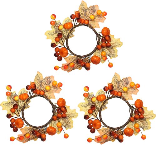 Fall Candle Rings by [Brand Name] - 3.5-Inch Decorative Taper Rings with Maple Leaves & Pumpkins | Set of 3 for Autumn Decor