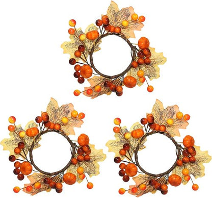 Fall Candle Rings by [Brand Name] - 3.5-Inch Decorative Taper Rings with Maple Leaves & Pumpkins | Set of 3 for Autumn Decor