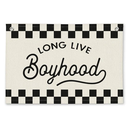 ETVISO Long Live Boyhood Black and White Checkered Boys Room Decor - Linen Banner Wall Hanging Canvas Banner Flag Decor for Toddler Boy Bedroom Nursery Playroom