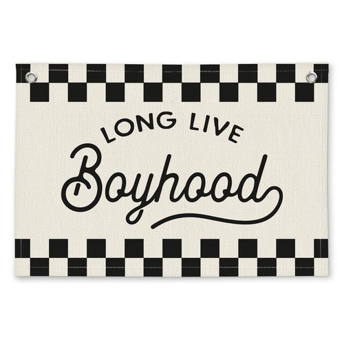 ETVISO Long Live Boyhood Black and White Checkered Boys Room Decor - Linen Banner Wall Hanging Canvas Banner Flag Decor for Toddler Boy Bedroom Nursery Playroom