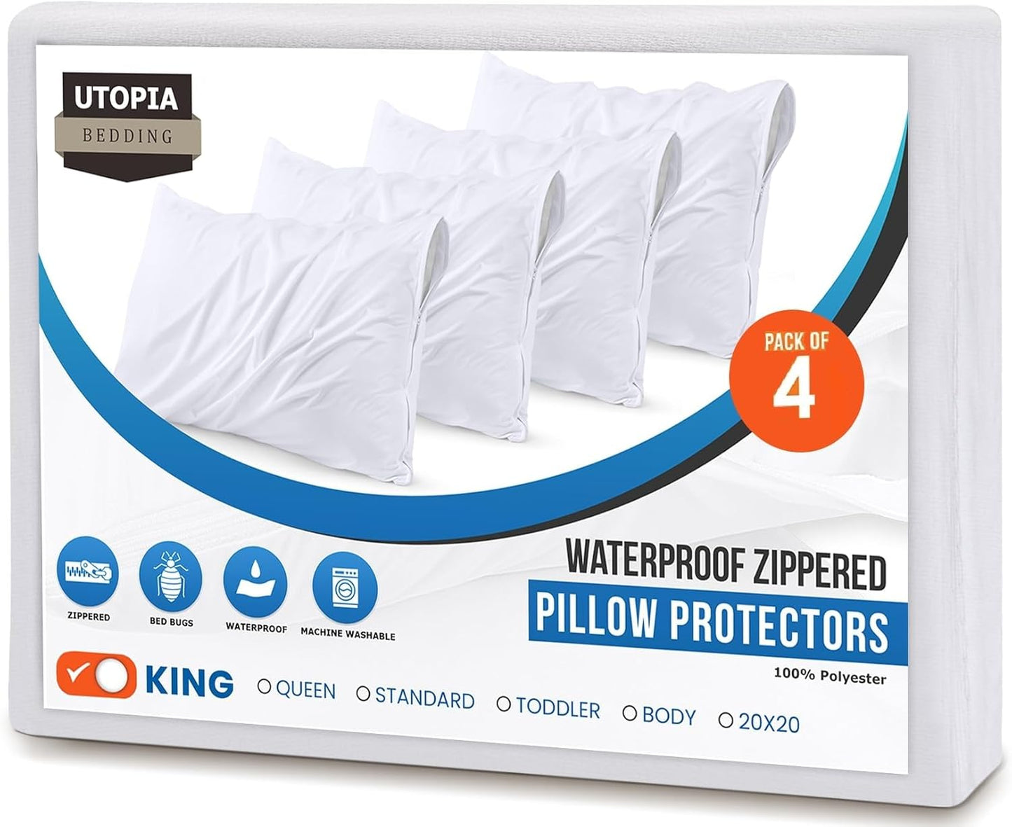 Utopia Bedding King Size Pillow Protectors - Zippered, Bed Bug & Dust Mite Proof, Ultra Soft, Waterproof (White)