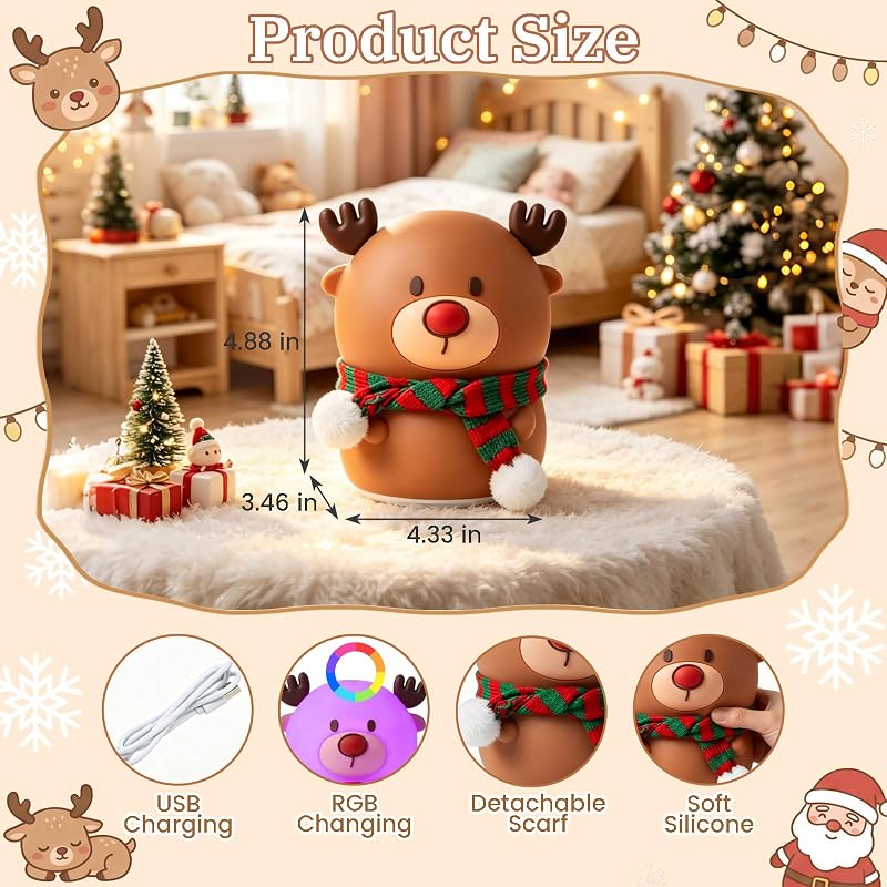 Reindeer Night Light for Kids – 7-Color USB Rechargeable Silicone Lamp with 3 Brightness Levels, Christmas Scarf