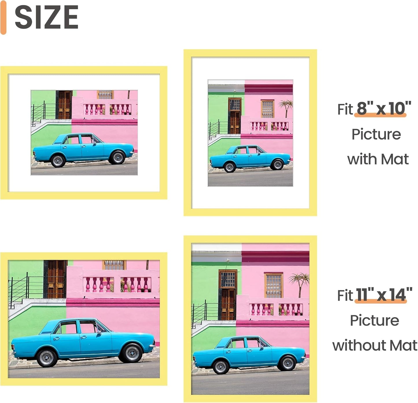 Upsimples 11x14 Picture Frame - Display 8x10 Photos with Mat or 11x14 Without - Yellow, 1 Pack
