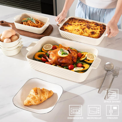 Sweejar Ceramic Baking Dish Set - Porcelain Striped Casserole Dishes with Handle for Lasagna | Beige