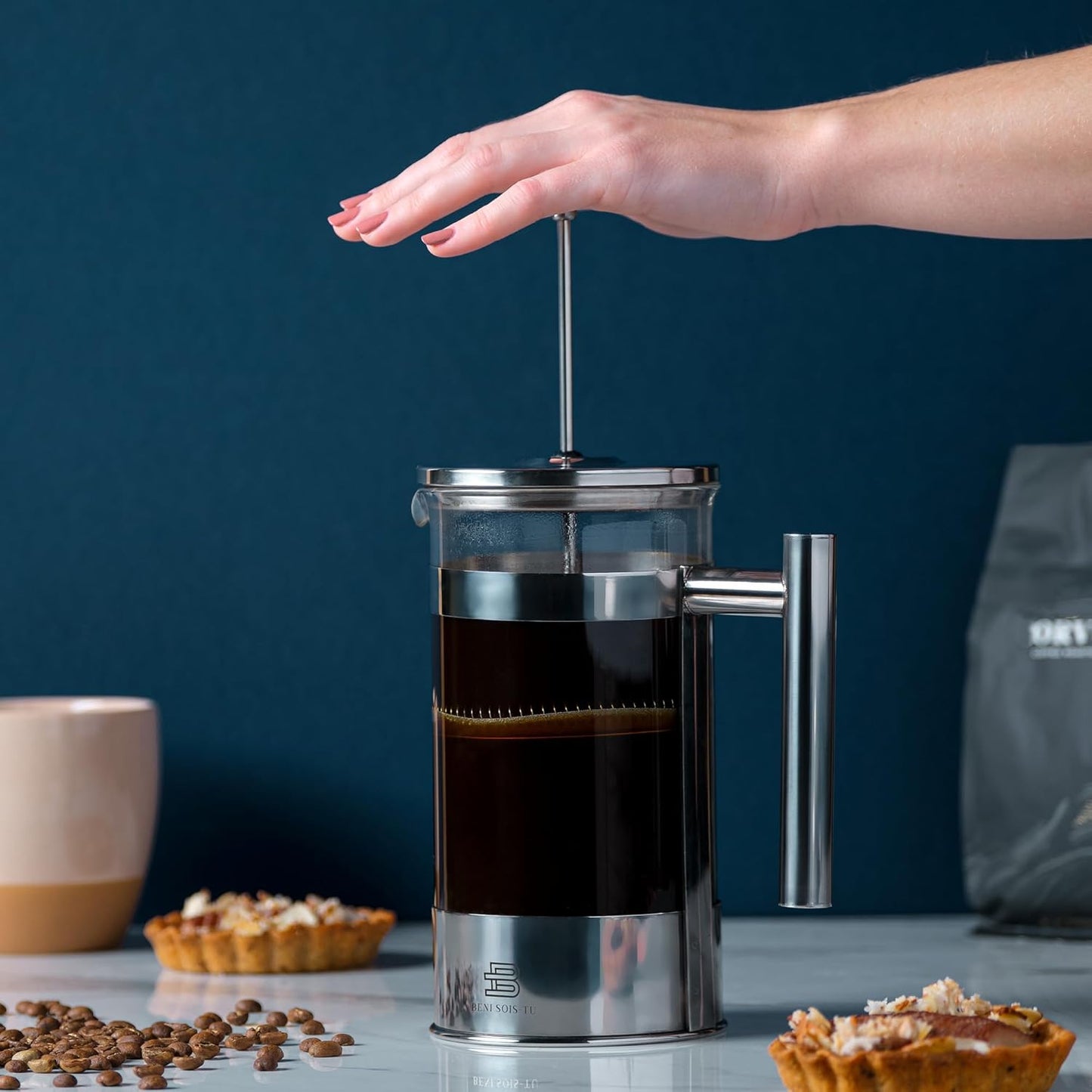Skiennix 34 oz French Press Coffee Maker - Borosilicate Glass, Stainless Steel Plunger, Heat Resistant, Silver