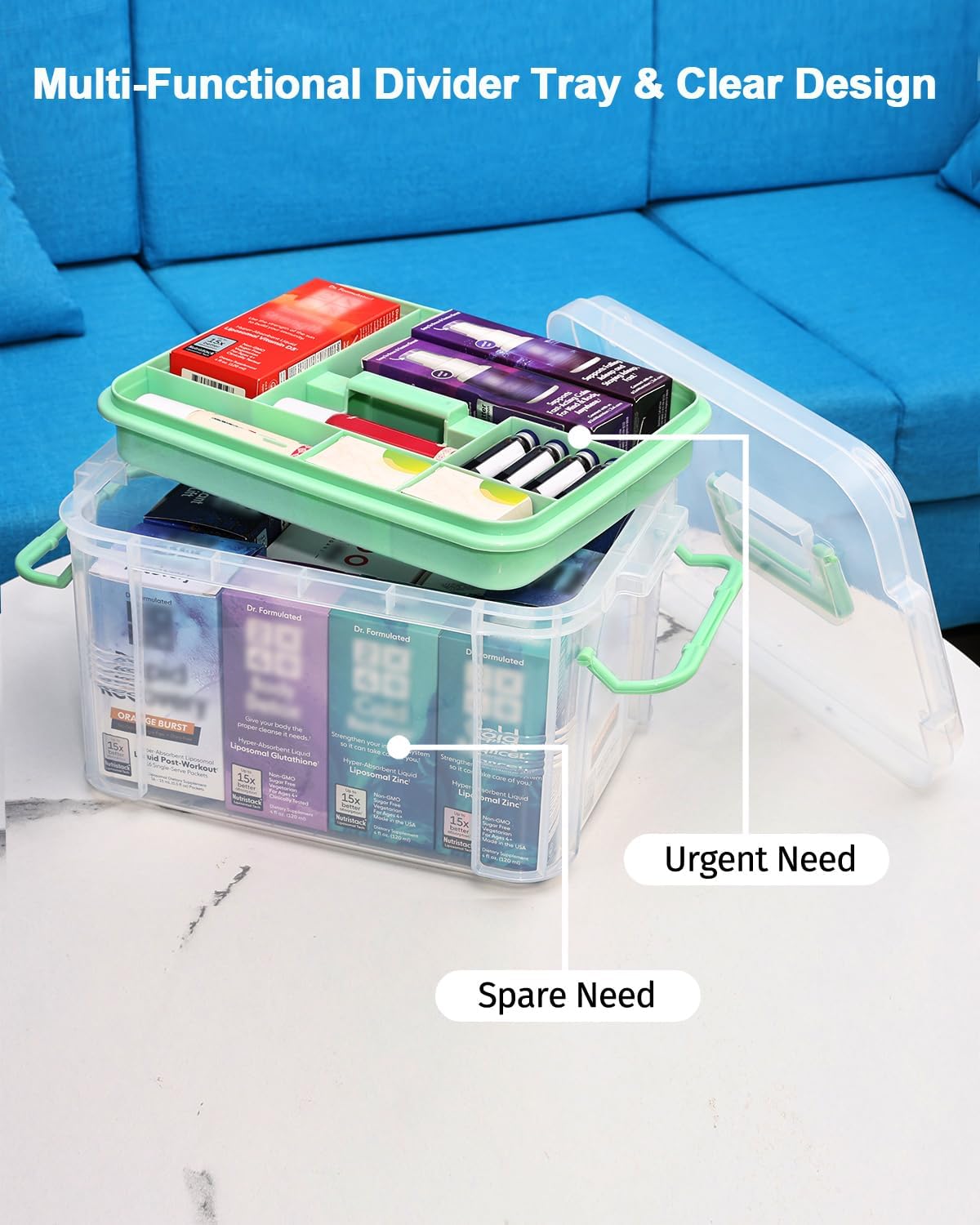 Skiennix Medicine Organizer Storage Box - 2 Pack Clear Portable Pill Splitter with Lids & Labels