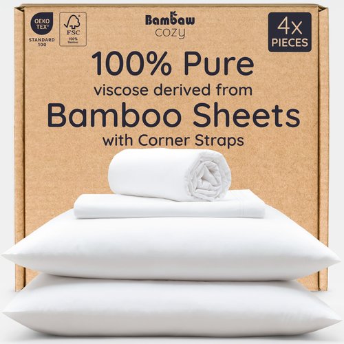 Bambaw 100% Viscose Derived from Bamboo Sheets Queen Size Deep Pocket Set – 4pcs Hotel Luxury Bed Sheets Set, Fits Up to 16'' with Elastic Corner Straps, Ultra Soft Cooling Sheets Queen Size (White)