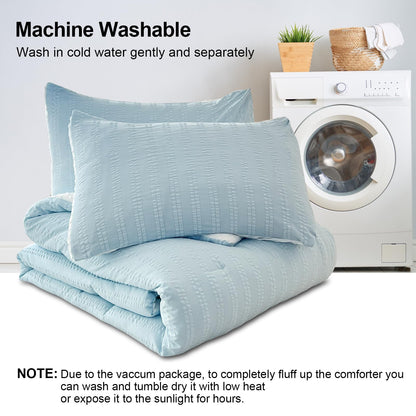 tohrisa Boho Comforter Set Twin Size Striped Pleats Bohemian Seersucker Bedding Set All Season Soft Cozy 2 Pieces Quilt with 1 Pillowcase(68"X90" Light Blue)