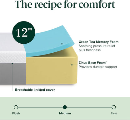 Zinus 12 Inch Green Tea Essential Memory Foam Mattress - Queen Size, Breathable & Fiberglass Free
