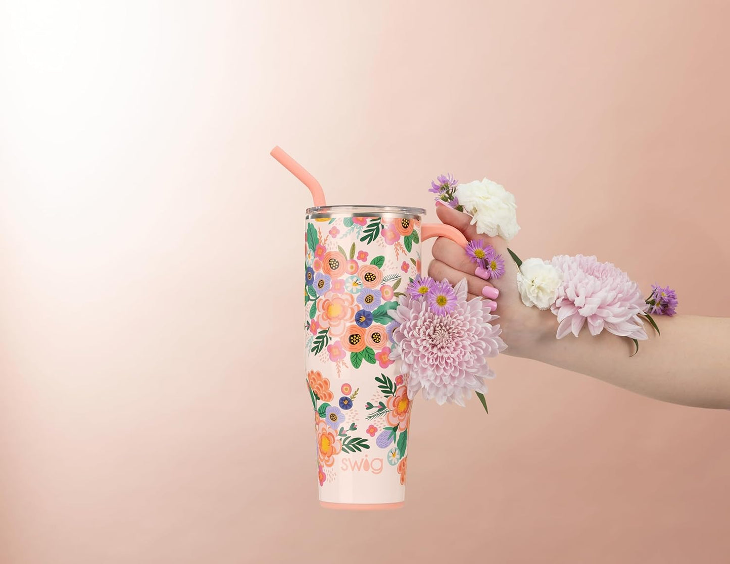 Swig Life 40oz Mega Mug - Insulated Tumbler with Handle & Straw | Dishwasher Safe, Full Bloom Design