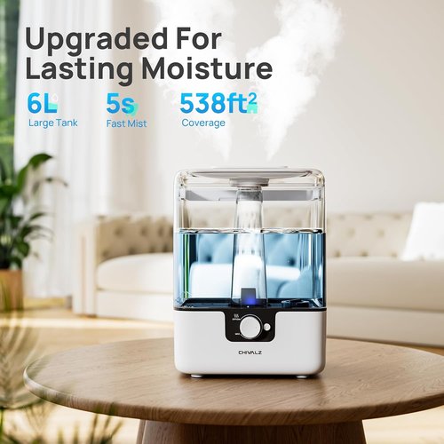 CHIVALZ 6L Cool Mist Humidifier - Quiet 26dB Top Fill Design for Bedroom & Baby | 50H Run Time, White