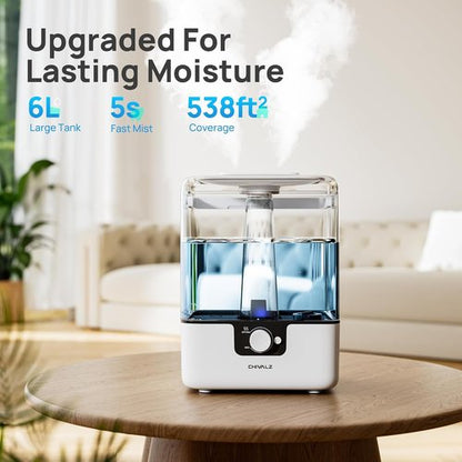 CHIVALZ 6L Cool Mist Humidifier - Quiet 26dB Top Fill Design for Bedroom & Baby | 50H Run Time, White