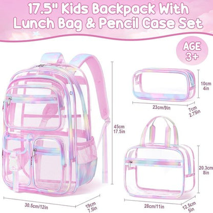 Fimibuke Clear Backpack - 3PCS Heavy Duty PVC Set with Lunch Box & Pencil Case | Cute Toddler School Bag for Preschool & Kindergarten