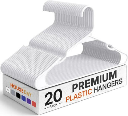 HOUSE DAY Plastic Hangers - 20 Pack White Non-Slip Clothes Hangers for T-Shirts, Dresses & Coats