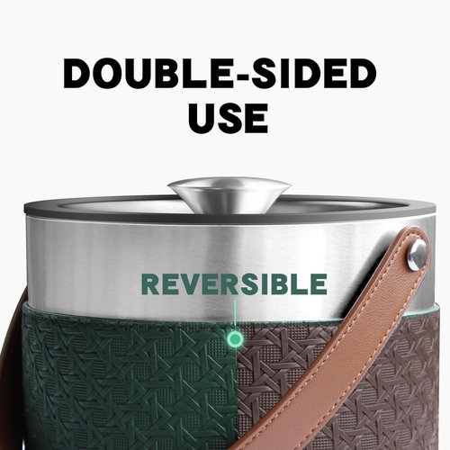Insulated Ice Bucket with Lid, Scoop, Ice Tongs & Detachable Double-Sided PU Cover– 4L Double-Wall Stainless Steel Ice Buckets for Parties, Cocktail Ba, Champagne & Bar Cart Accessories