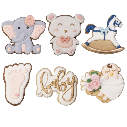 Baby Shower Cookie Cutter 6 Pack 3D Stampers Molds DIY Fondant Decorating for Kids' Birthday Party Kitchen Tools, Making Rocking Horse Baby Face Letter Teddy Bear Elephant Foot