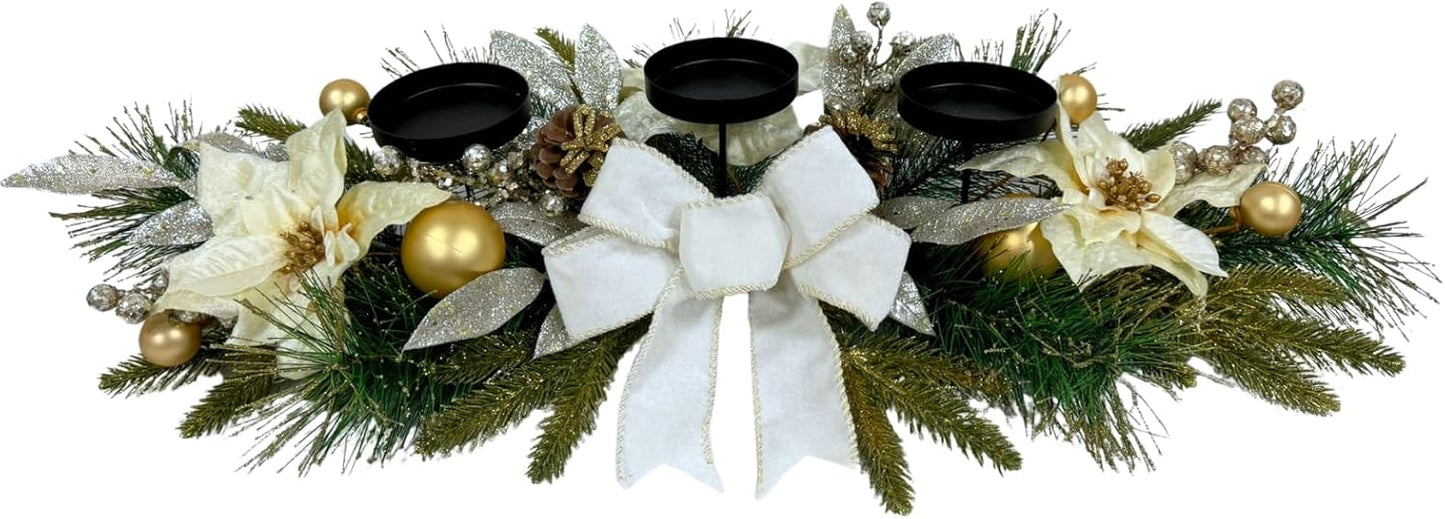 Svndlyn Christmas Candle Holders - Elegant 3-Piece Centerpiece with Poinsettia Flowers & Glitter Pine Branches