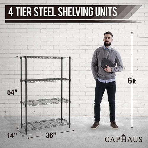 CAPHAUS 4-Tier Wire Shelving Unit - Adjustable Height Metal Storage Rack | Black Utility Organizer