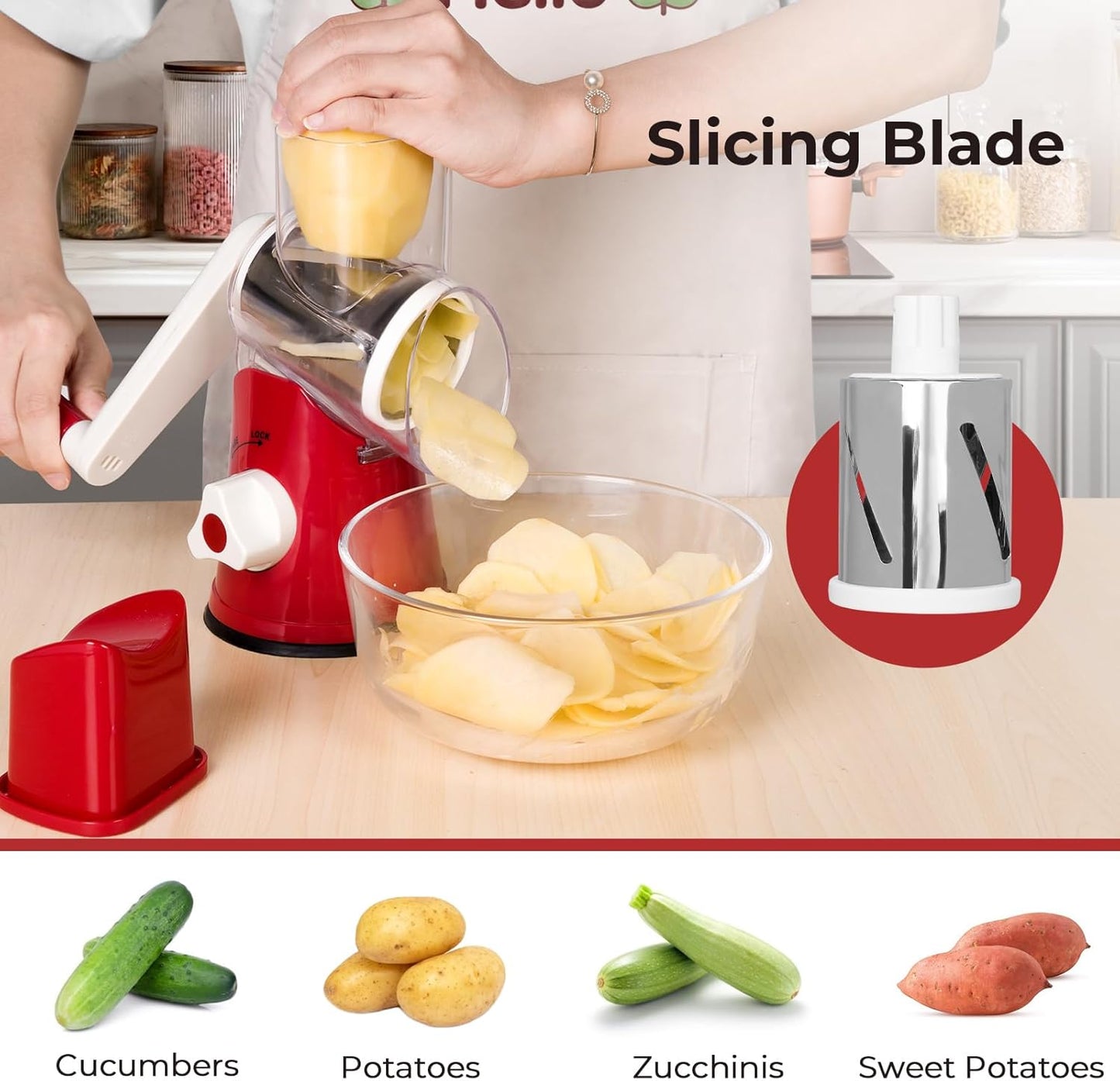 X Home Rotary Cheese Grater - Versatile Kitchen Shredder with 3 Blades & Suction Base | Easy to Clean, Red