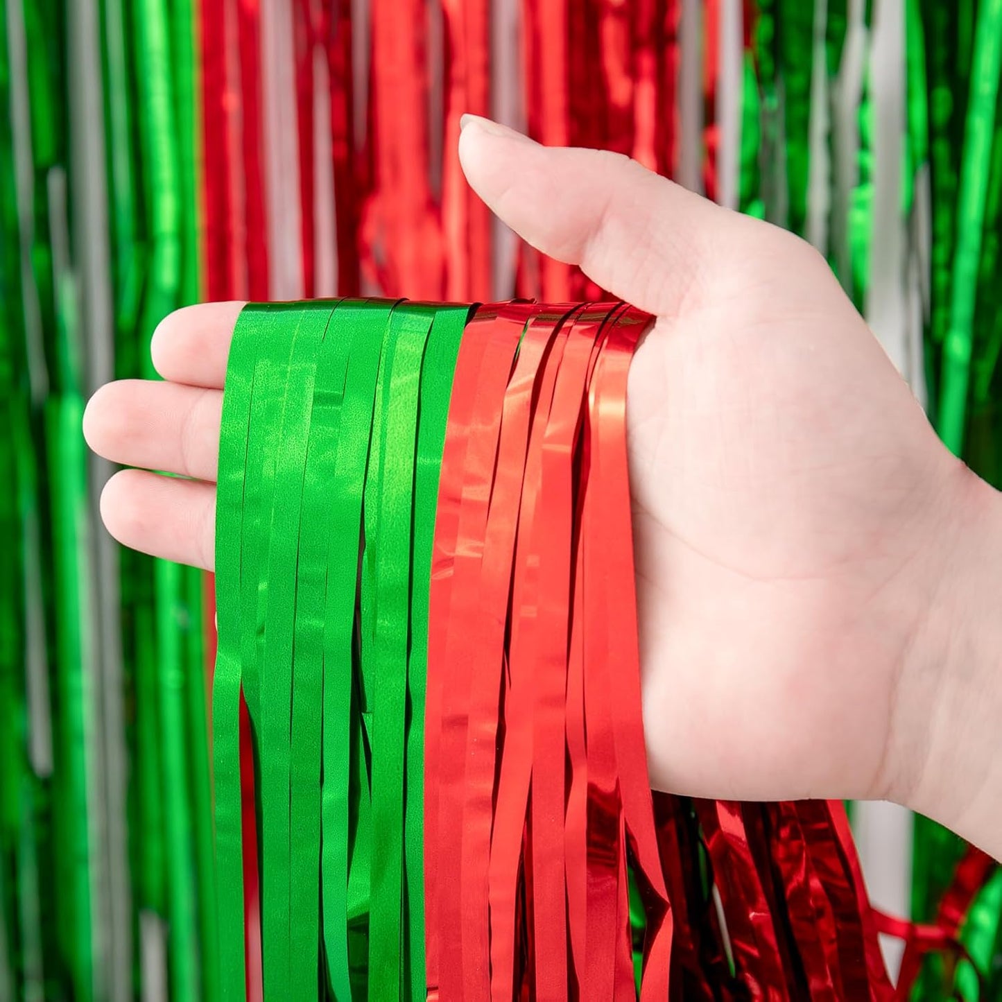 Voircoloria 3 Pack Red & Green Foil Fringe Backdrop Curtains - 3.3x8.2 Feet Tinsel Streamers for Parties