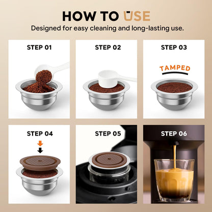 Skiennix Stainless Steel Reusable Coffee Pods - Compatible with Nespresso Vertuo | 230ml Capacity, Includes 4 Barcode Stickers & Silicone Lid