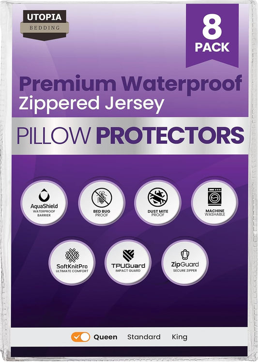Utopia Bedding Pillow Protectors - Set of 8 Queen Size, Waterproof & Bed Bug Proof Encasements | Ultra Soft White