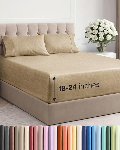 Extra Deep Twin Sheet Set - 4 Piece Breathable and Cooling Sheets - Hotel Luxury Bedding for Women, Men, Kids & Teens - Easy & Secure Fit - Soft and Wrinkle Free - Extra Deep Pockets - Heathered Tan