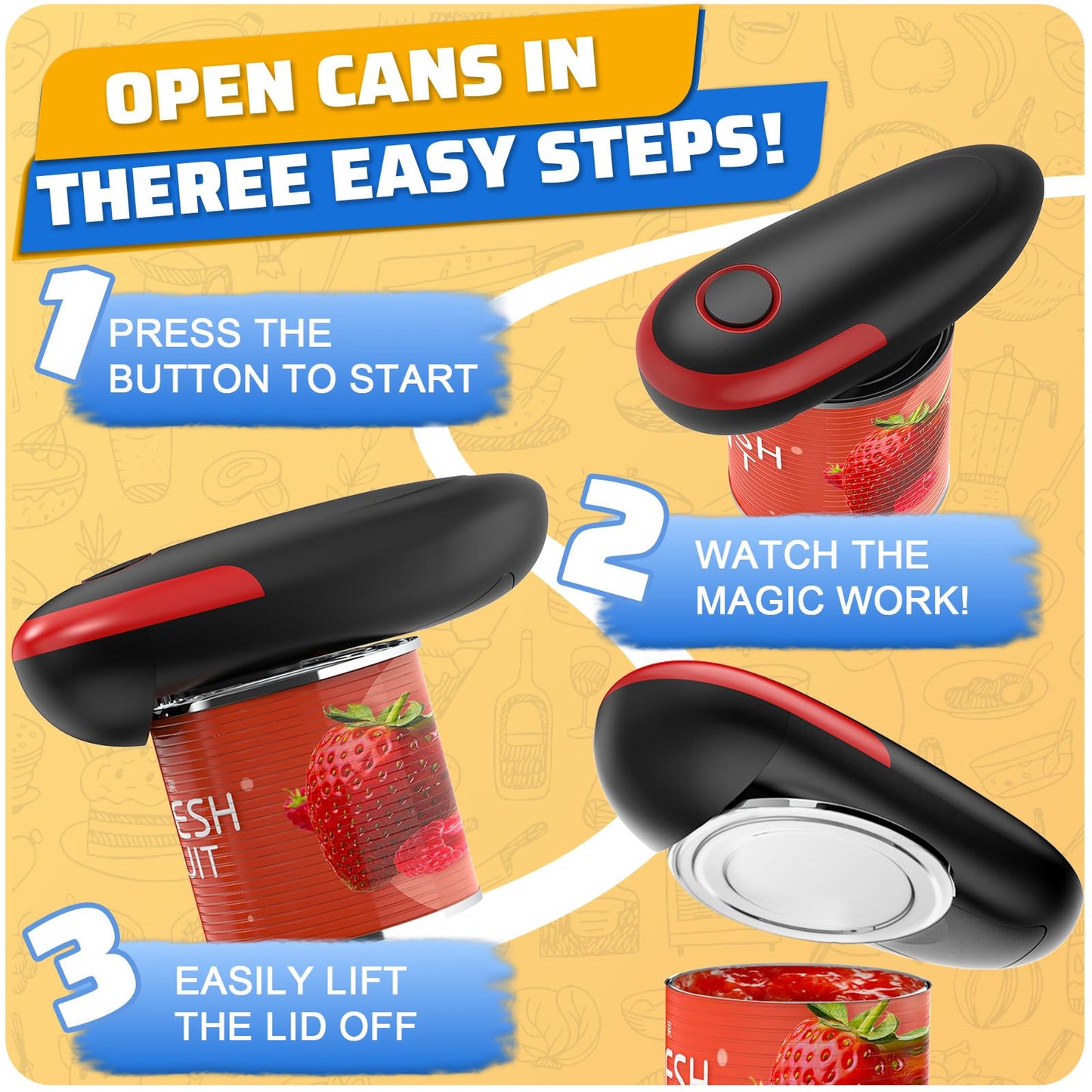 One Touch Electric Can Opener Easy Open Any Can Sizes with Smooth Edge, Food-Safe Handheld Portable Battery Operated Electric Can Openers, Kitchen Gadget for Kitchen, Seniors, Chef, Arthritis
