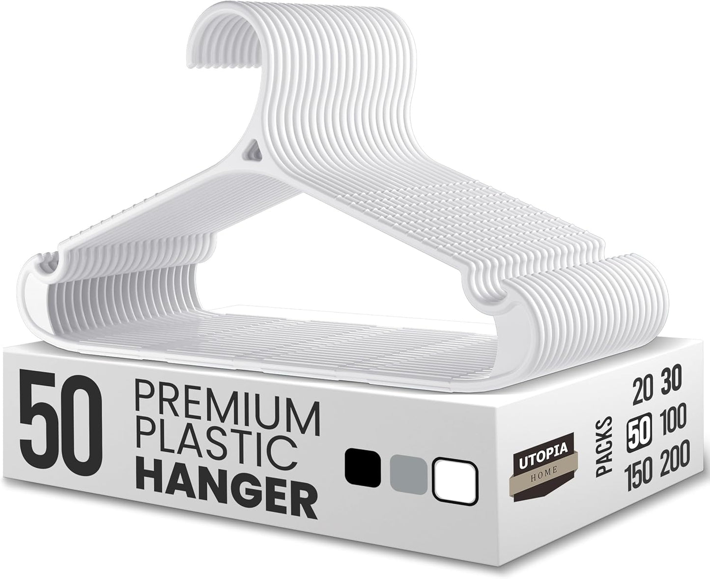 Utopia Home Plastic Hangers - 50 Pack Heavy Duty Non-Slip Hangers for Shirts & Pants | White