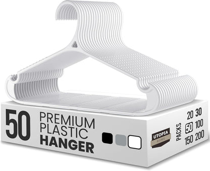 Utopia Home Plastic Hangers - 50 Pack Heavy Duty Non-Slip Hangers for Shirts & Pants | White