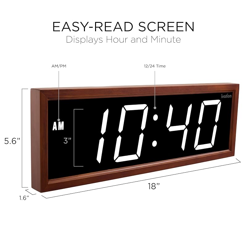 Ivation Large Digital Wall Clock, Big LED Display & Stylish Wood Frame, 18"