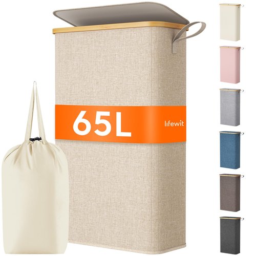 Lifewit 65L Slim Laundry Hamper with Lid, Narrow Laundry Basket with Removable Bag & Bamboo Handles, Fodable Thin Dirty Clothes Hamper for Laundry Collapsible Bin for Bathroom Bedroom Dorm, Beige