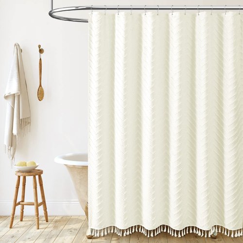 Dynamene Cream Boho Fabric Shower Curtain, Tufted Chevron Striped Tassel Textured Shower Curtain for Bathroom, Farmhouse Elegant Waterproof Minimalist Cloth Shower Curtain Set, 12 Hook, 72x72