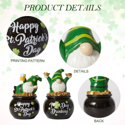 WDS WONDROUS St. Patrick's Day Gnome Figurines - Lucky Pot of Gold Decor | 2-Piece Green Resin Set