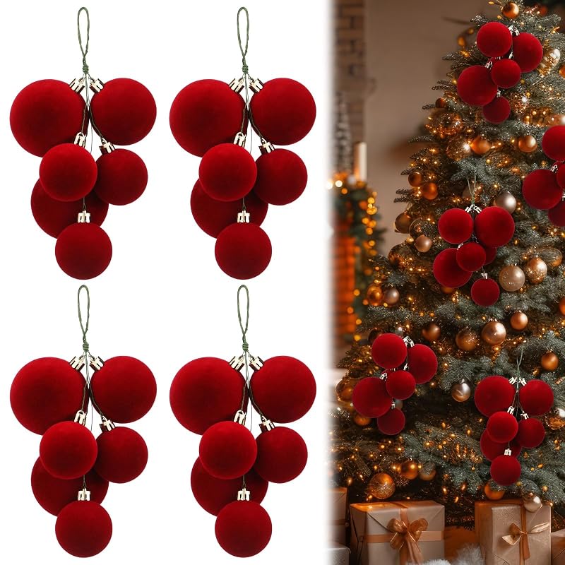 4 Sets Large Red Velvet Christmas Ball Clusters Ornaments Decor