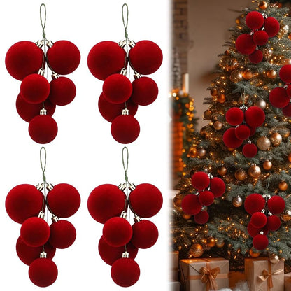 4 Sets Large Red Velvet Christmas Ball Clusters Ornaments Decor